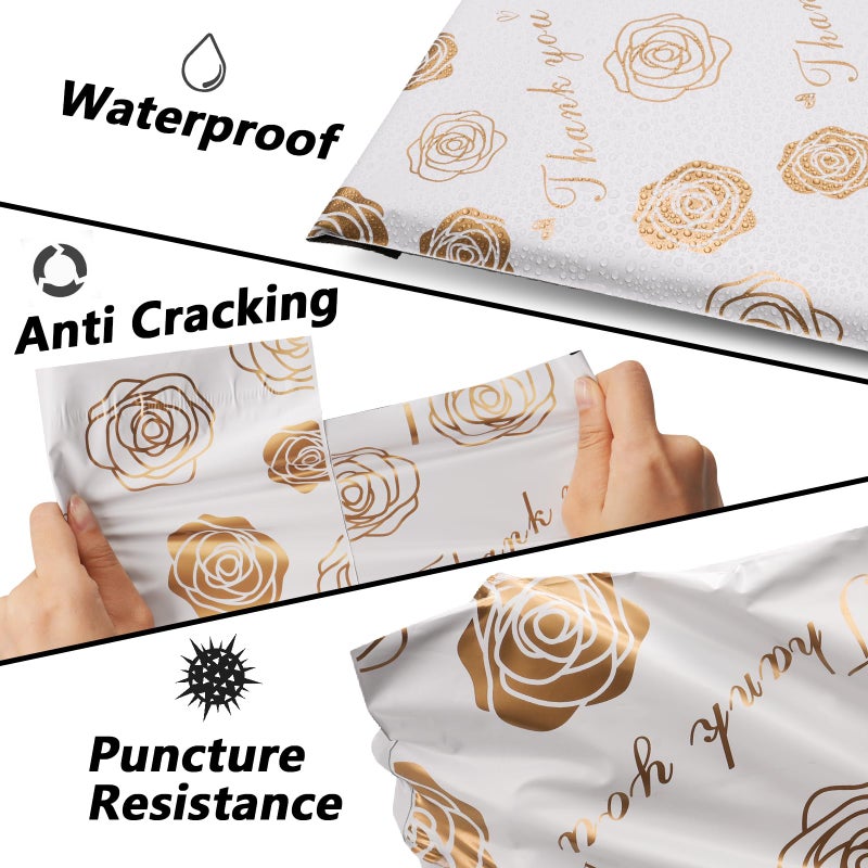 Vapulcio Thank You Poly Mailers 10x13 Inch 25 Pcs - Gold Rose Printed Shipping Bags for Clothing - Waterproof and Tear Resistant Mailing Envelopes - Self-Sealing Packaging Bags for Small Business - Image 4